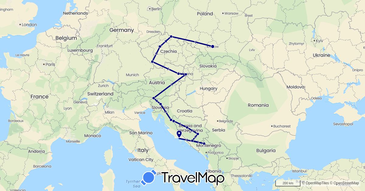 TravelMap itinerary: driving in Austria, Bosnia and Herzegovina, Czech Republic, Croatia, Montenegro, Poland, Slovenia, Slovakia (Europe)